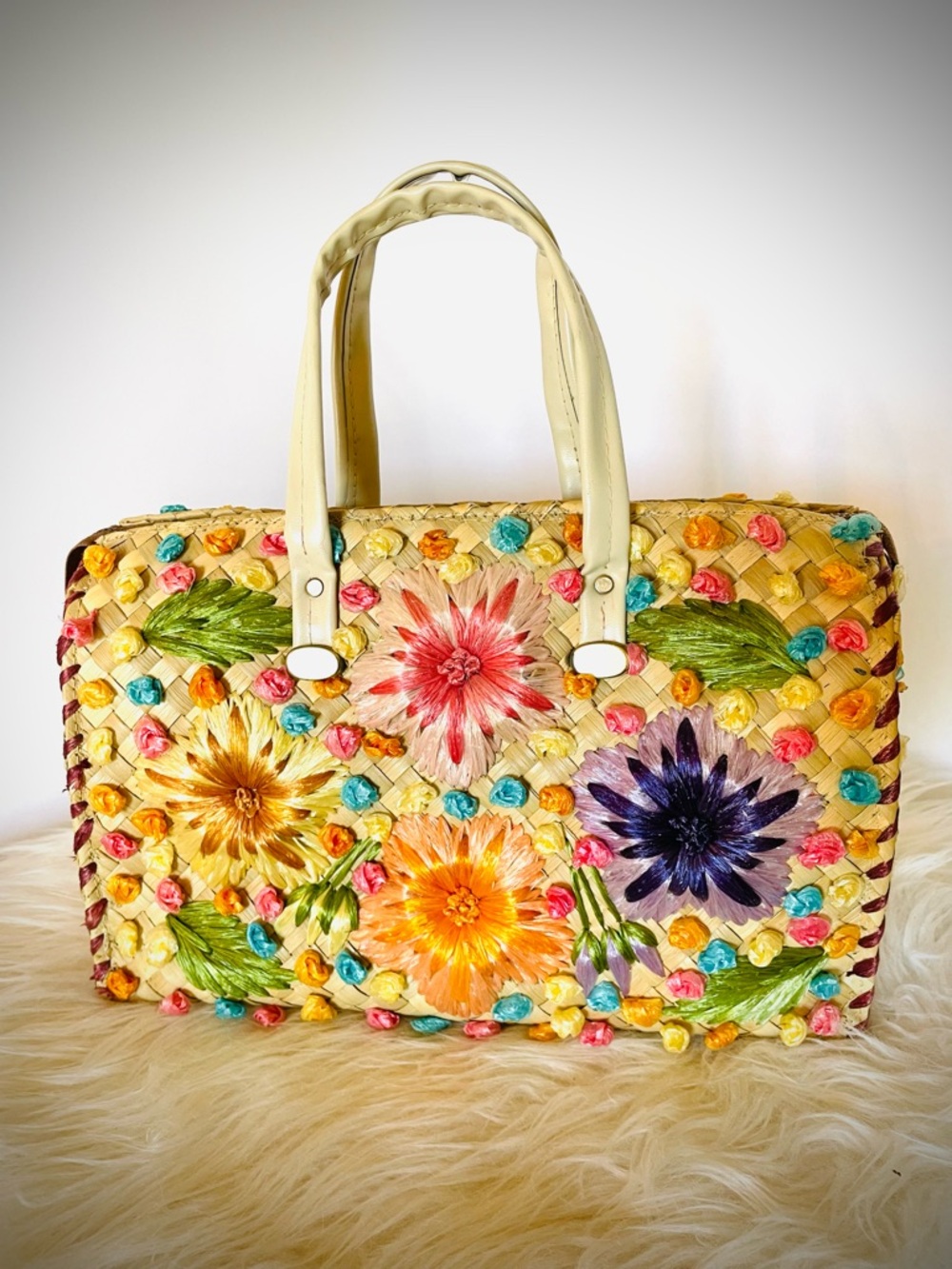VTG Handbag Straw Raffia Floral Woven Bag Mid Century Philippines Colorful Purse - Picture 3 of 13